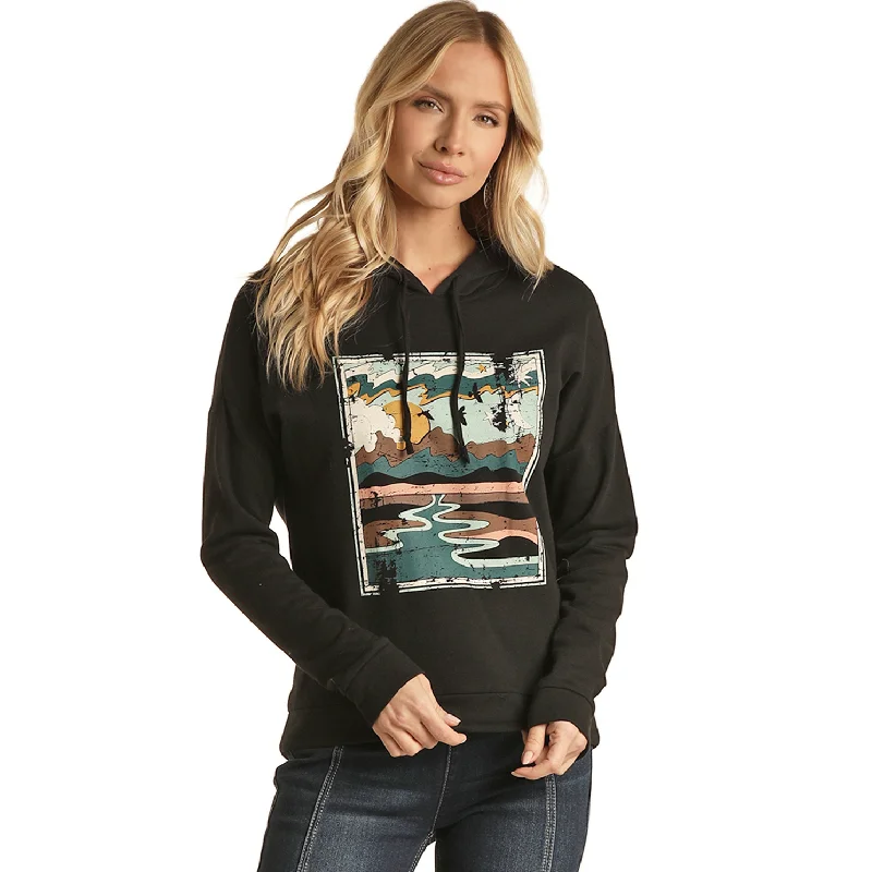 Rock & Roll Cowgirl® Ladies River Graphic Black Hoodie RRWT94R0B0