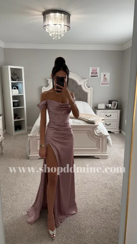 MAUVE SATIN OFF SHOULDER MAXI DRESS