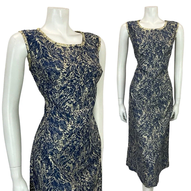 Savings Bonanza VTG 60S 70S BLUE COOL GOLD SHIMMERING FORM FITTED ABSTRACT PARTY DRESS 12 14 M