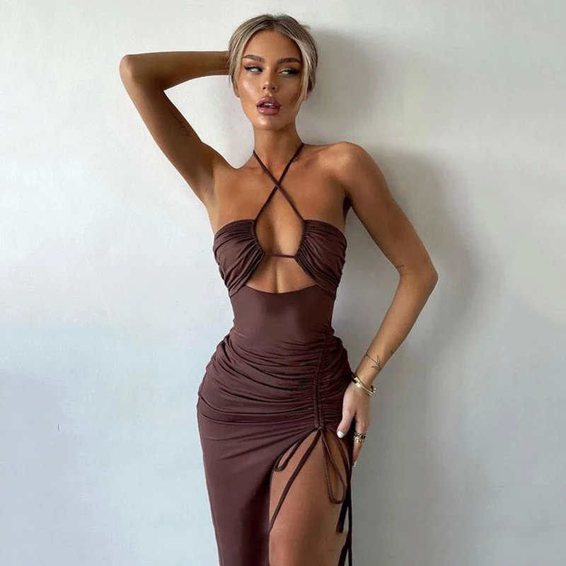 BerryBetty - High Split Cross Front Cutout Ruched Halter Party Maxi Derss - Brown