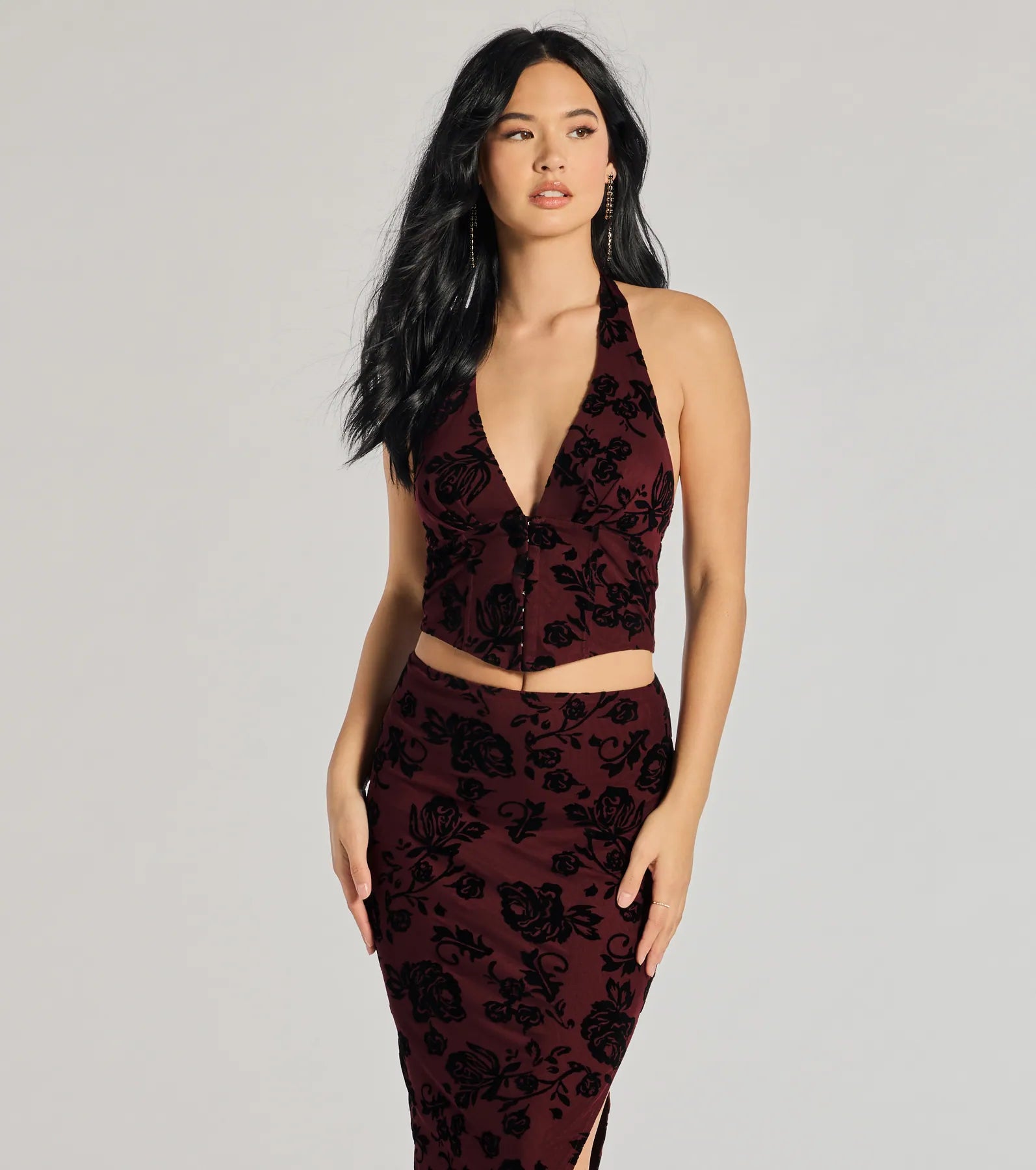 Luxe Wonder Flocked Velvet Floral Halter Top