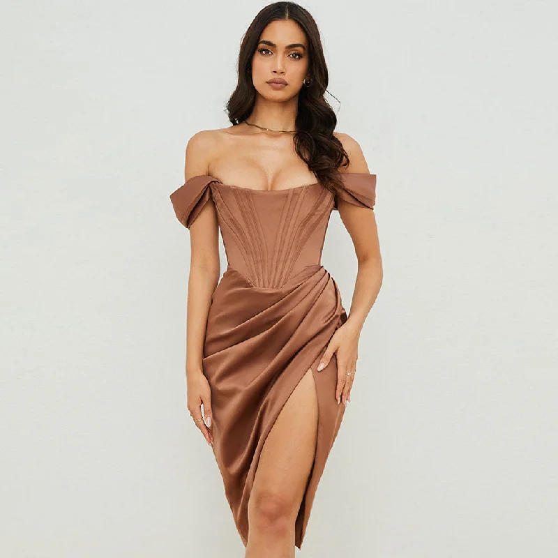 BerryBetty - Off Shoulder Draped Corset Cocktail Midi Dress - Chocolate