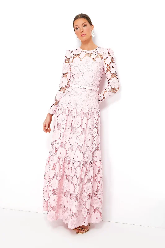 Pink 3D Cotton Lace Maxi Dress