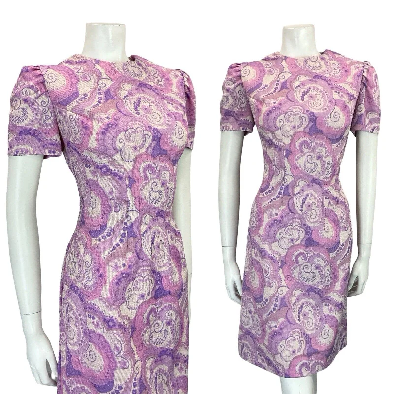 Deal Zone VTG 60S PURPLE WHITE PSYCHDELIC SWIRL SMOCKED WAIST SPARKLY PARTY DRESS 8 10 S