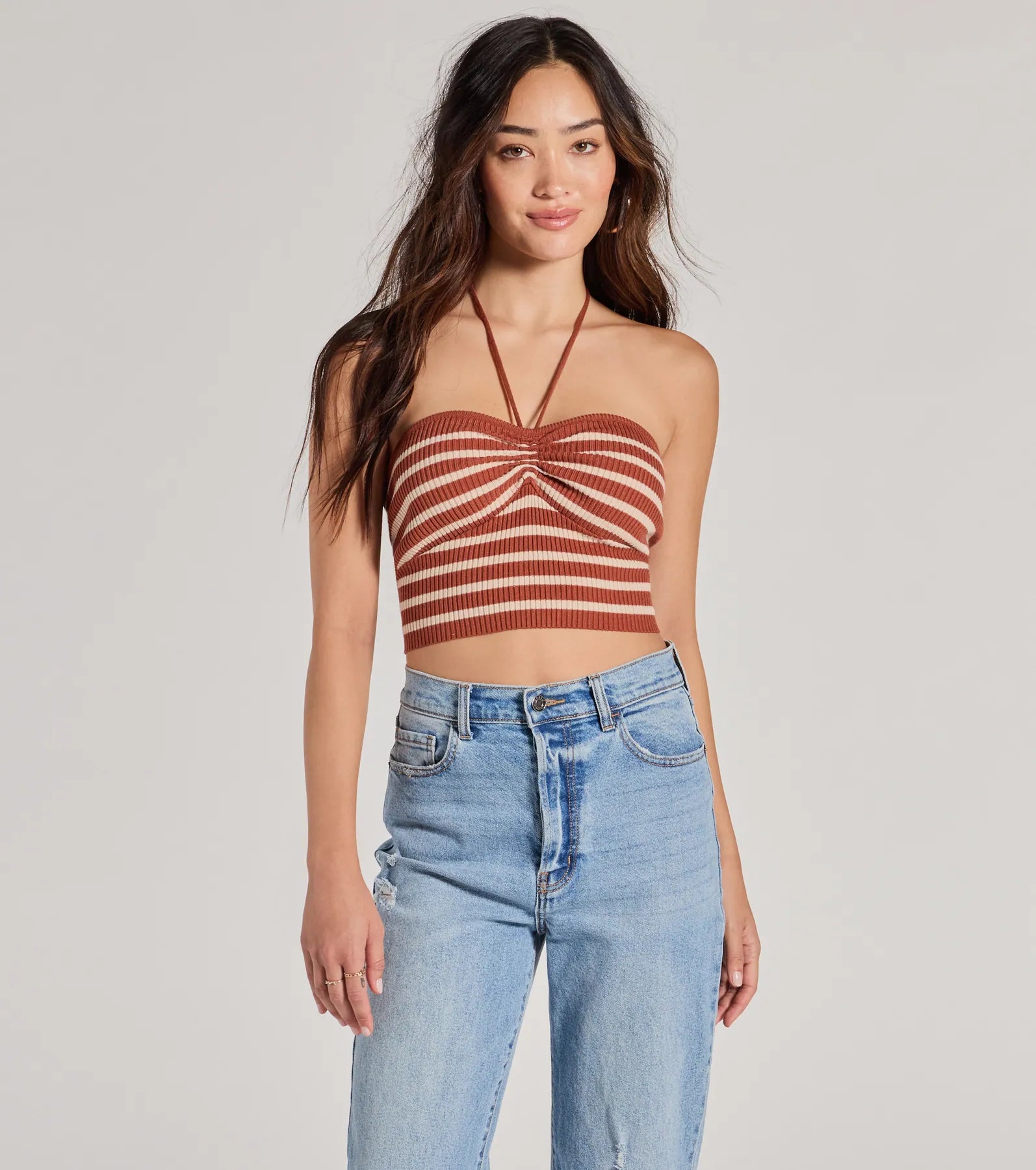 Trendy In Stripes Halter Rib Knit Crop Top