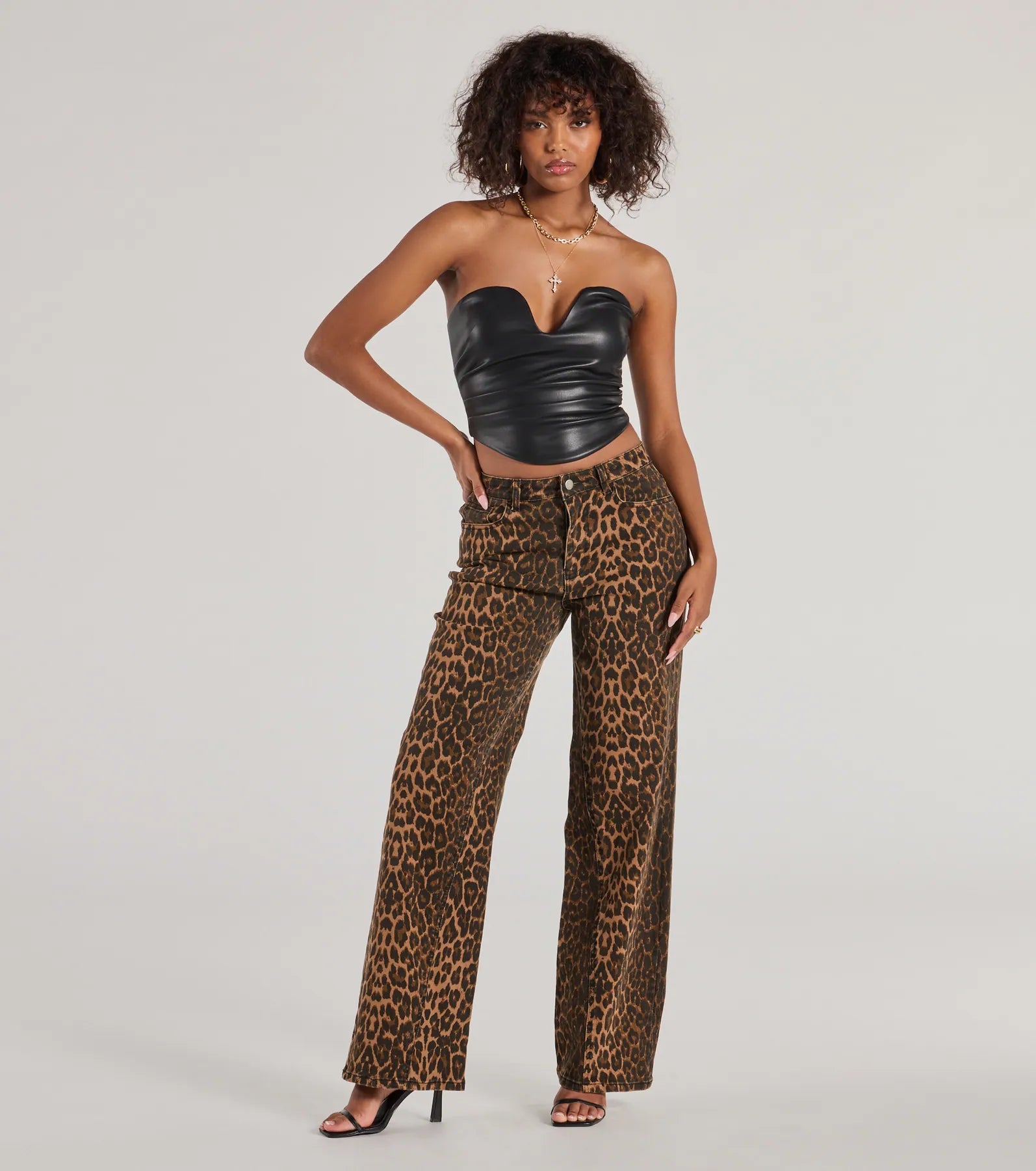 Fierce Aura Wide-Leg Leopard Print Denim Jeans