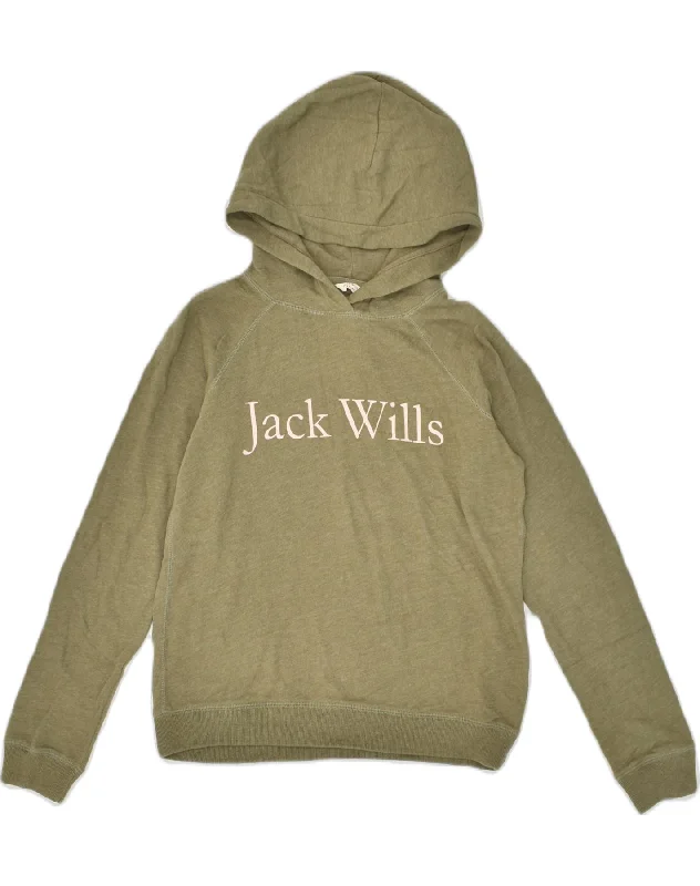 JACK WILLS Womens Graphic Hoodie Jumper UK 10 Small  Khaki Cotton