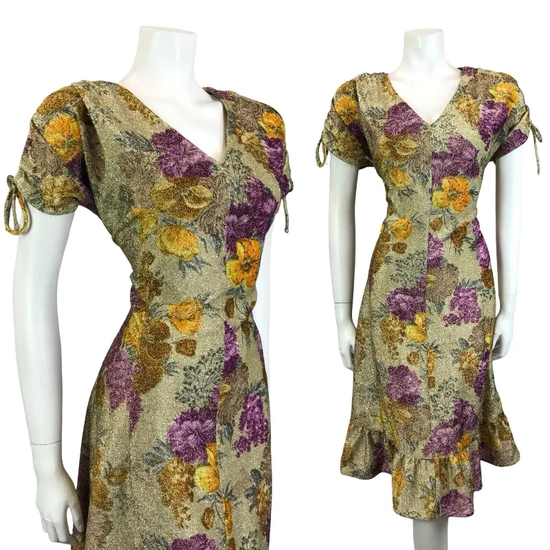 Price Drop VTG 60S GOLD YELLOW PURPLE LUREX GLITTERING FLORAL V NECK PARTY DRESS 12 14 M