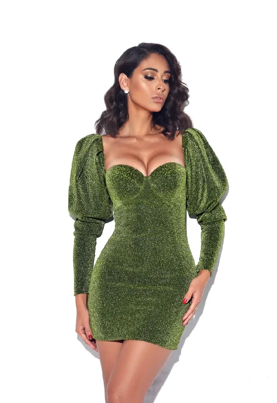 GREEN METALLIC PUFF SHOULDER MINI DRESS