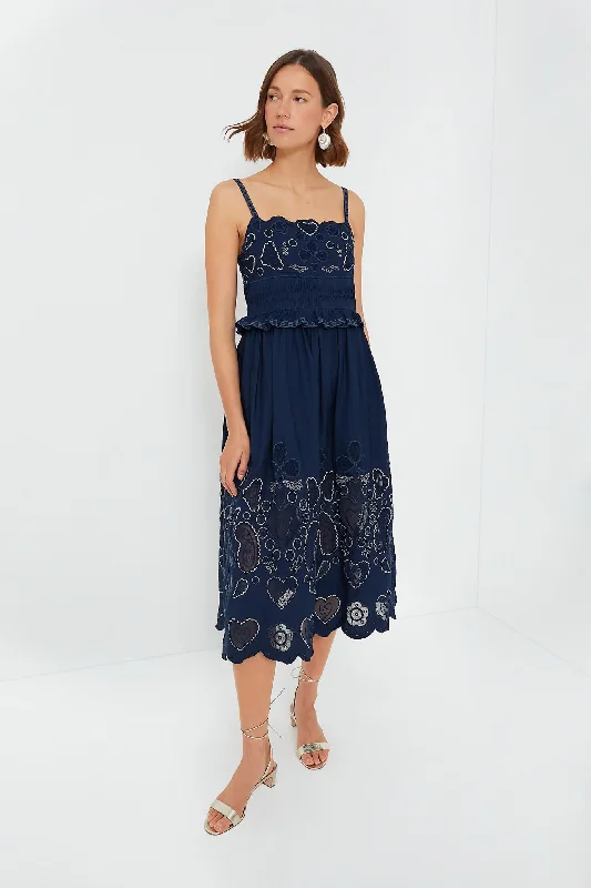 Navy Jeanetta Eyelet Sleeveless Dress