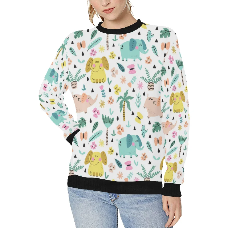 Cute elephants palm tree flower butterfly pattern Women's Crew Neck Sweatshirt