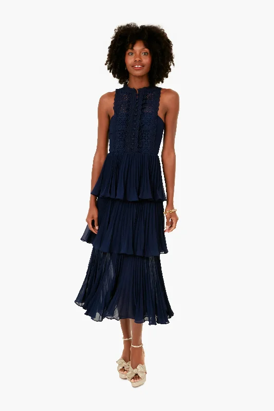 Navy Cotton Broderie Tiered Midi Dress