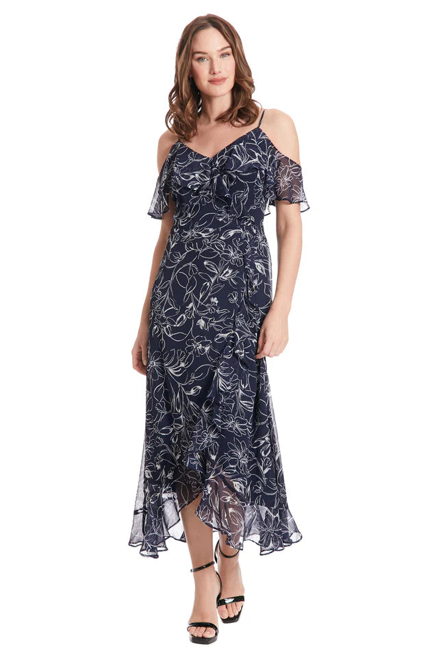 London Times Clod Shoulder Ruffle Wrap Dress | Navy/White