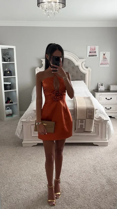 ROSETTE ORANGE HALTER SATIN MINI DRESS