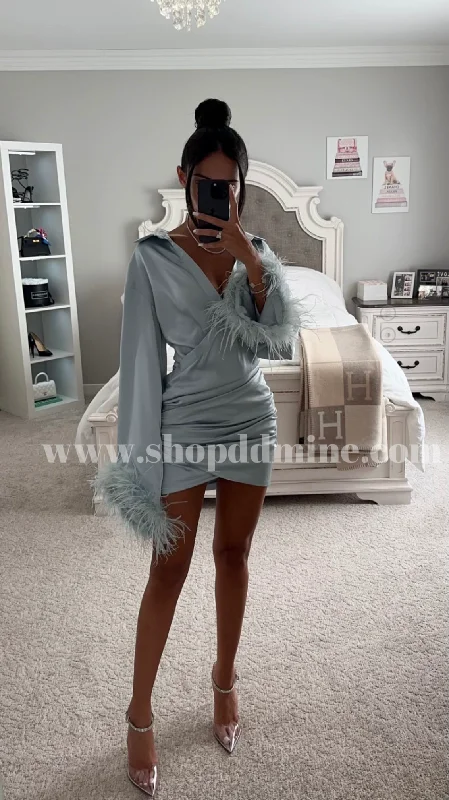 JENNA PALE BLUE LONG SLEEVE FEATHER ROBE MINI DRESS