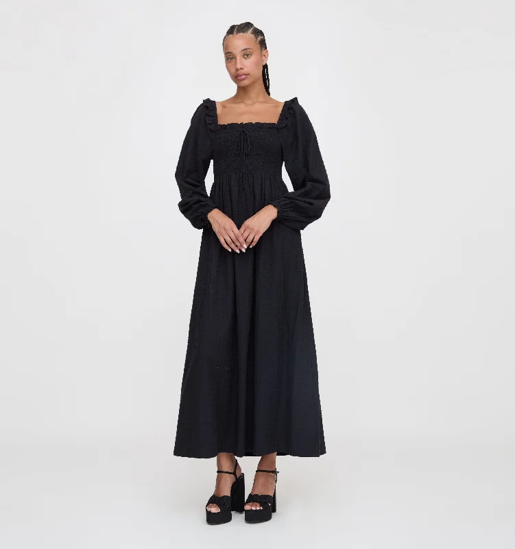 The Scarlett Long Sleeve Nap Dress - Black Textured Dot