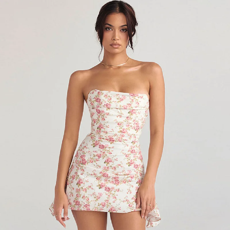 BerryBetty - Glamorous Rose Printed Ruched Strapless Corset Mini Dress - Floral