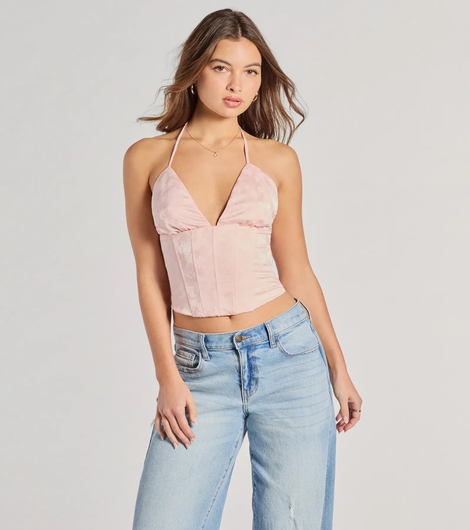 All The Feels Halter Lace-Up Floral Satin Corset Top