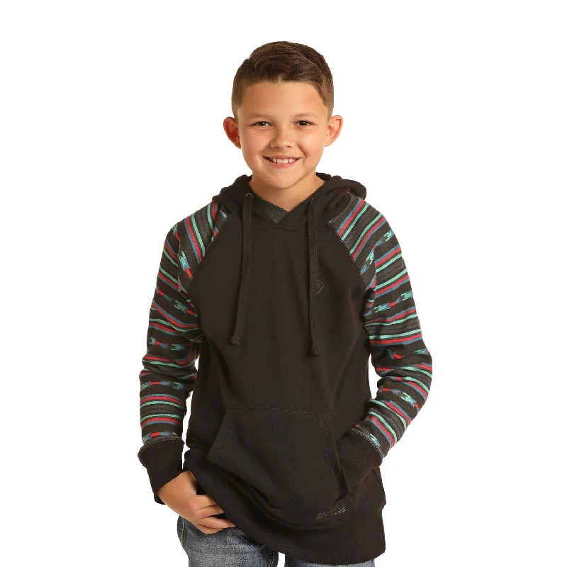 Rock & Roll Cowboy Boy's Black Aztec Sleeve Hoodie P4H6340