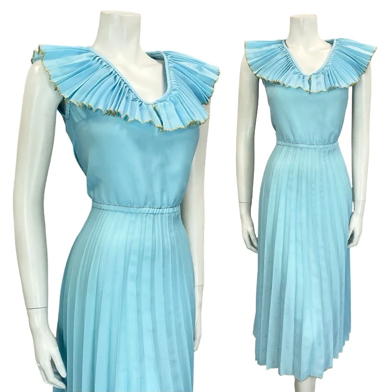 Amazing Deals VTG 60S 70S POWDER BLUE GOLD TRIM PLEATED WIDE SHOULDER PARTY MIDI DRESS 8 6