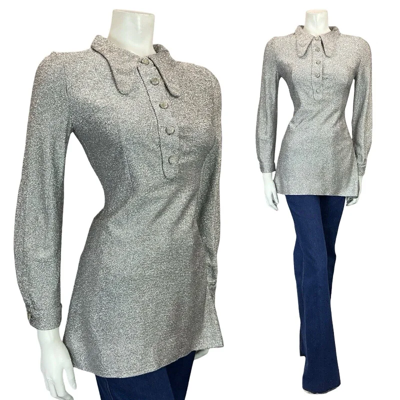 New Arrival VTG 60S 70S MOD GOGO SILVER LUREX BEAGLE COLLAR MINI DRESS TUNIC TOP 8