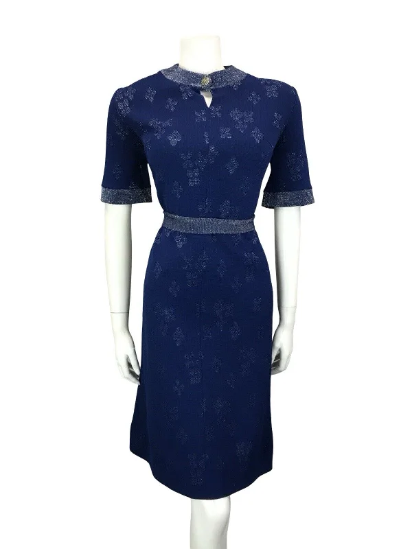 Today’s Special VTG 60S GLITTERY NAVY BLUE SILVER LUREX METALLIC KEYHOLE BELTED MIDI DRESS 12