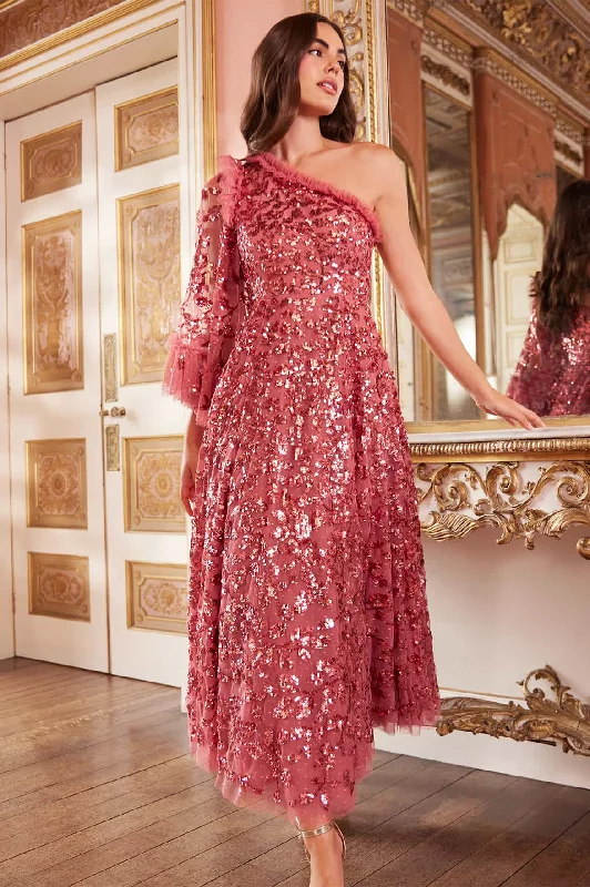 Price Cut Falling Leaves One-Shoulder Ankle Gown
