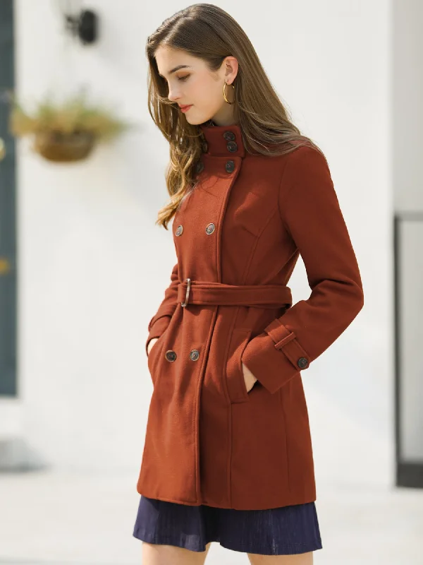 Stand Collar Double Breasted Trendy Belted Winter Coat