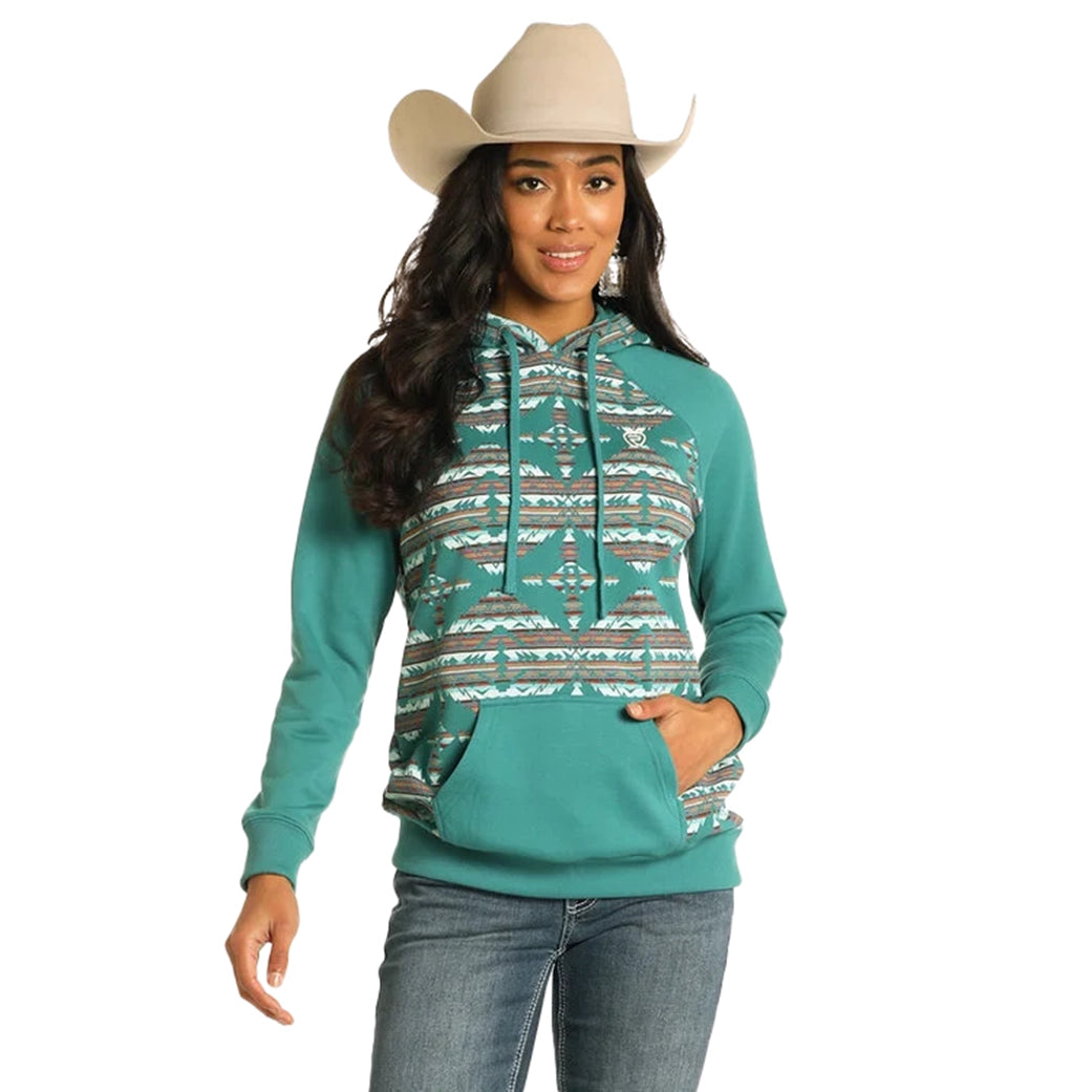 Panhandle Slim Women's Teal Contrast Sleeve Aztec Hoodie