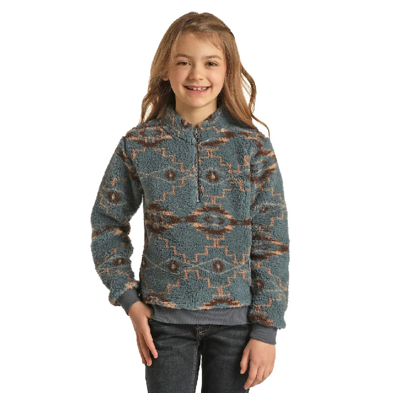 Rock & Roll Cowgirl® Girls Aztec Sherpa Indigo Pullover G4T2354