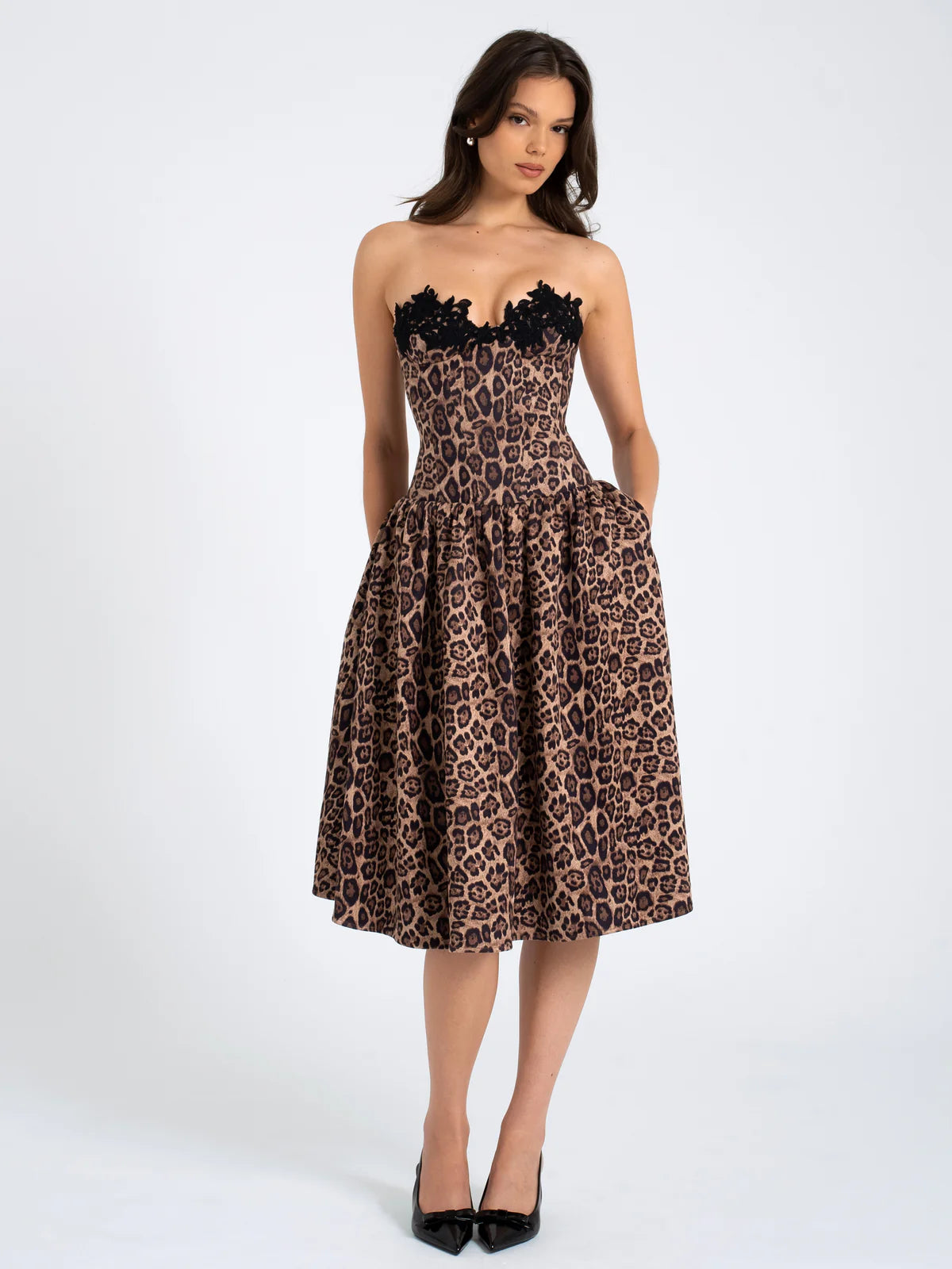 CHEETAH PRINT STRETCHY STRAPLESS MIDI DRESS