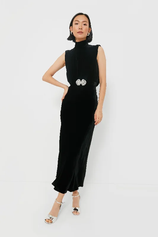 Black with Pearl Clamshell Fleur Velvet Dress