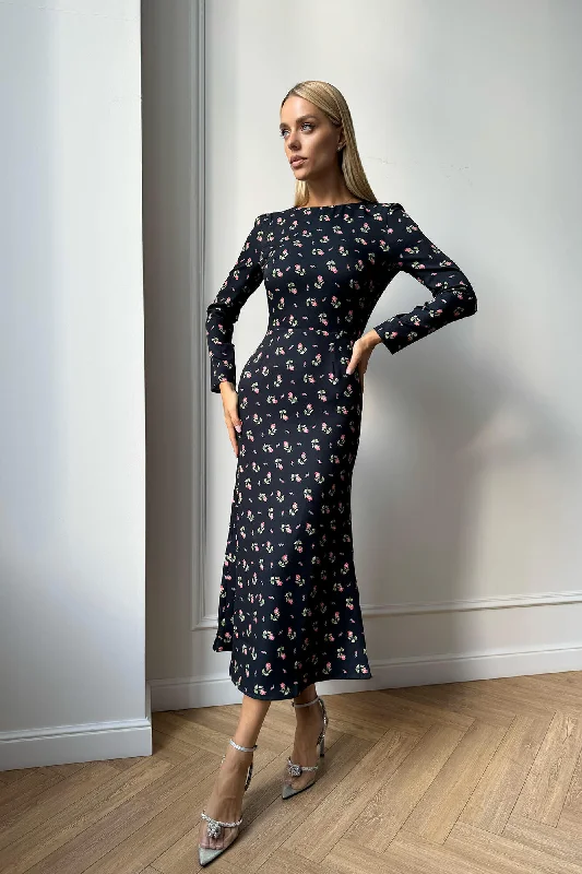 Huge Discounts Godet Silhouette Long Sleeve Floral Midi Dress