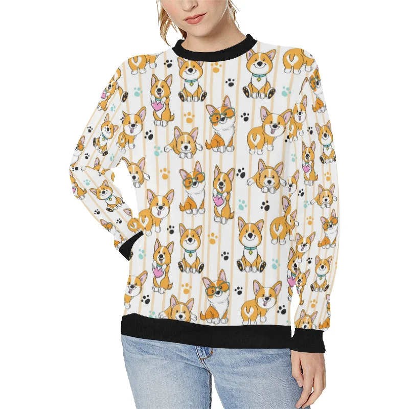 Cute dog corgi striped background pattern Women's Crew Neck Sweatshirt