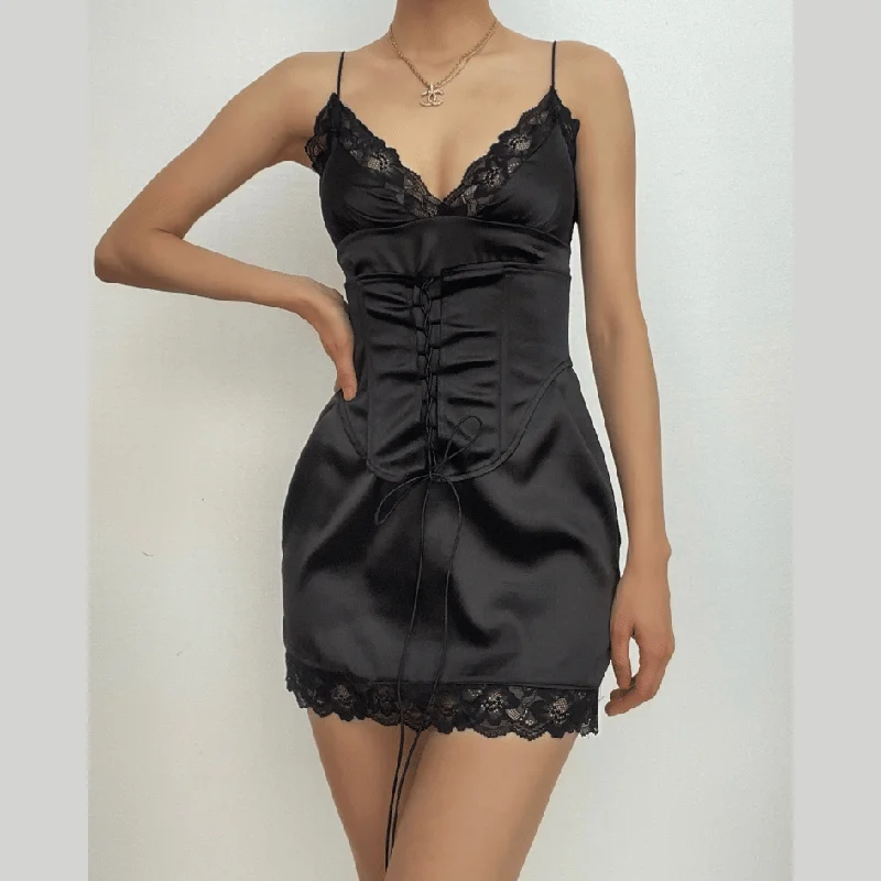 BerryBetty - Lace hem solid v neck lace up corset sleeveless mini dress