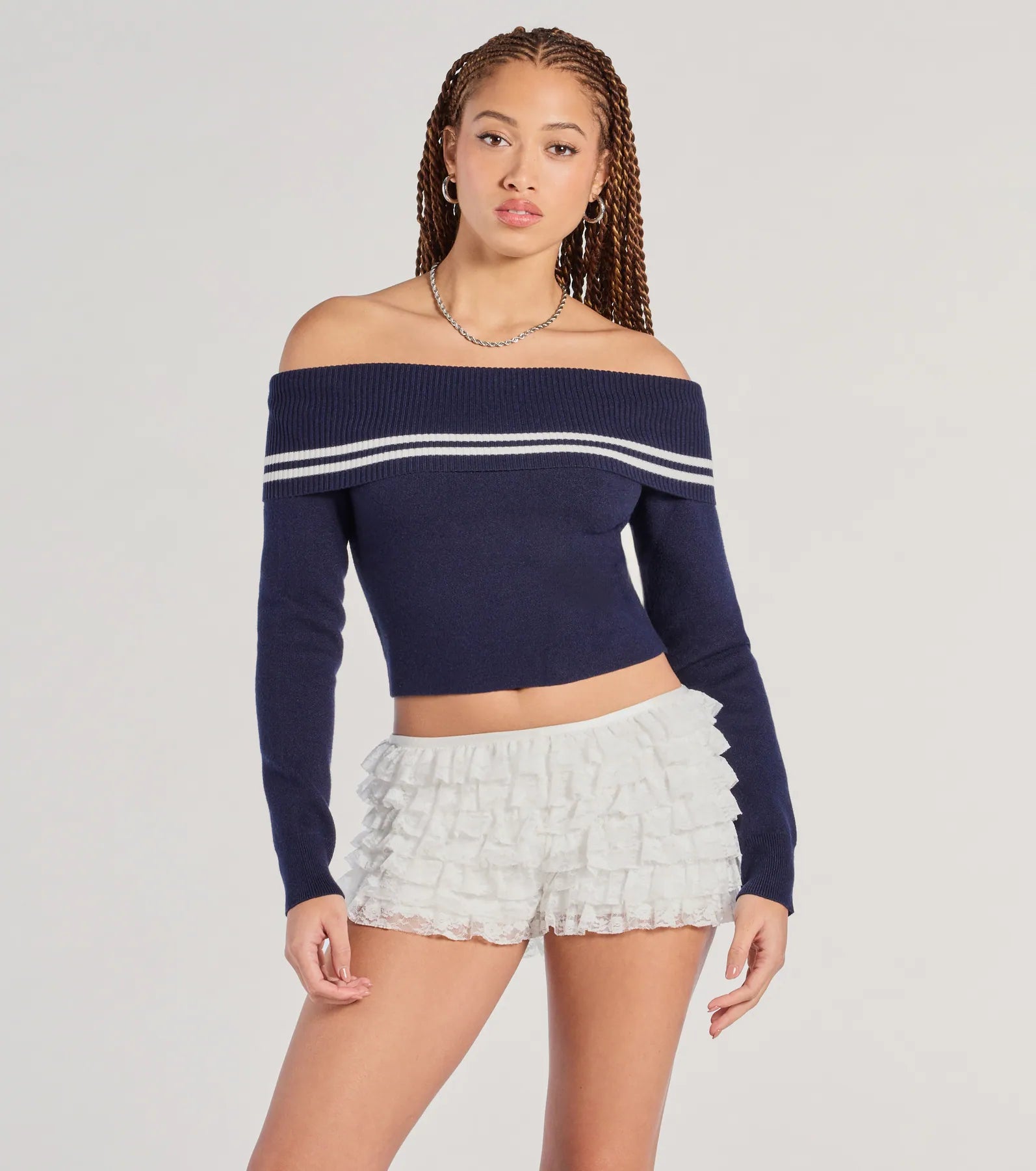 Cruising Cutie Off-The-Shoulder Striped Knit Sweater Top