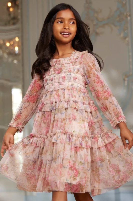 Year-End Sale Floral Wreath Smocked Kids Dress