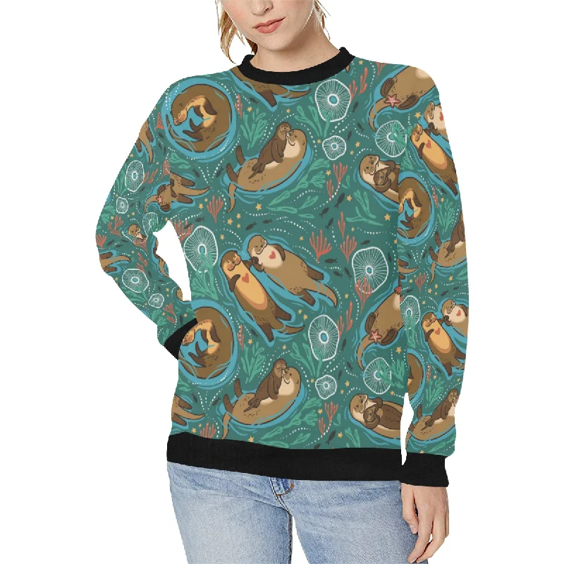 cute brown sea otters ornamental seaweed corals gr Women's Crew Neck Sweatshirt