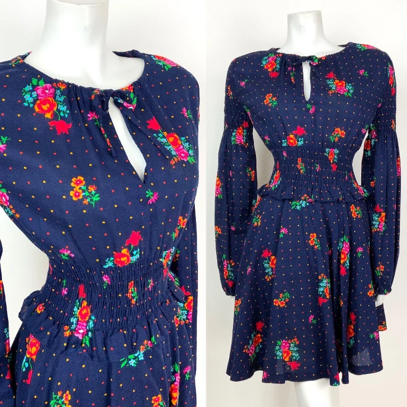 Unbeatable Prices VTG 60s 70s BLUE ORANGE PINK FLORAL POLKA DOT PEPLUM RUCHED BOHO FOLK DRESS 8 10