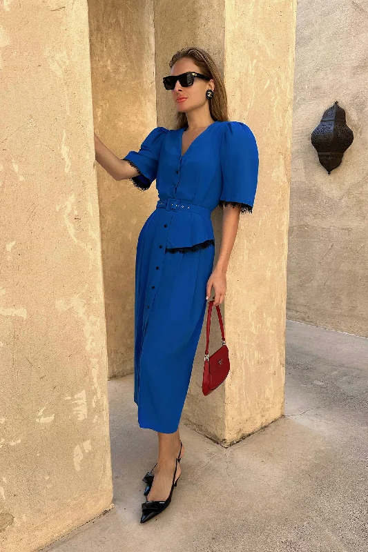Price Cut Lace Decorated Button Front Midi Dress with Belt