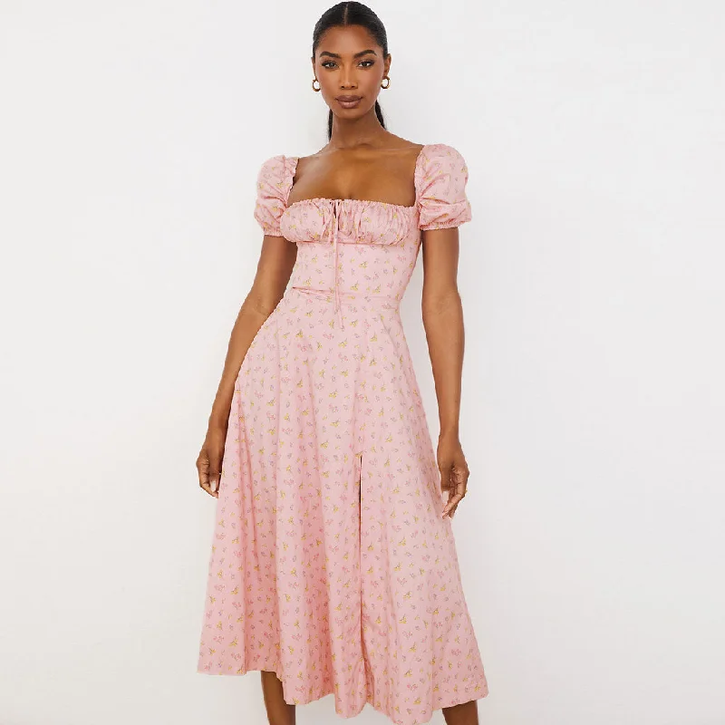 BerryBetty - Daisy Printed Puff Sleeve High Slit Smock Maxi Sundress - Pink