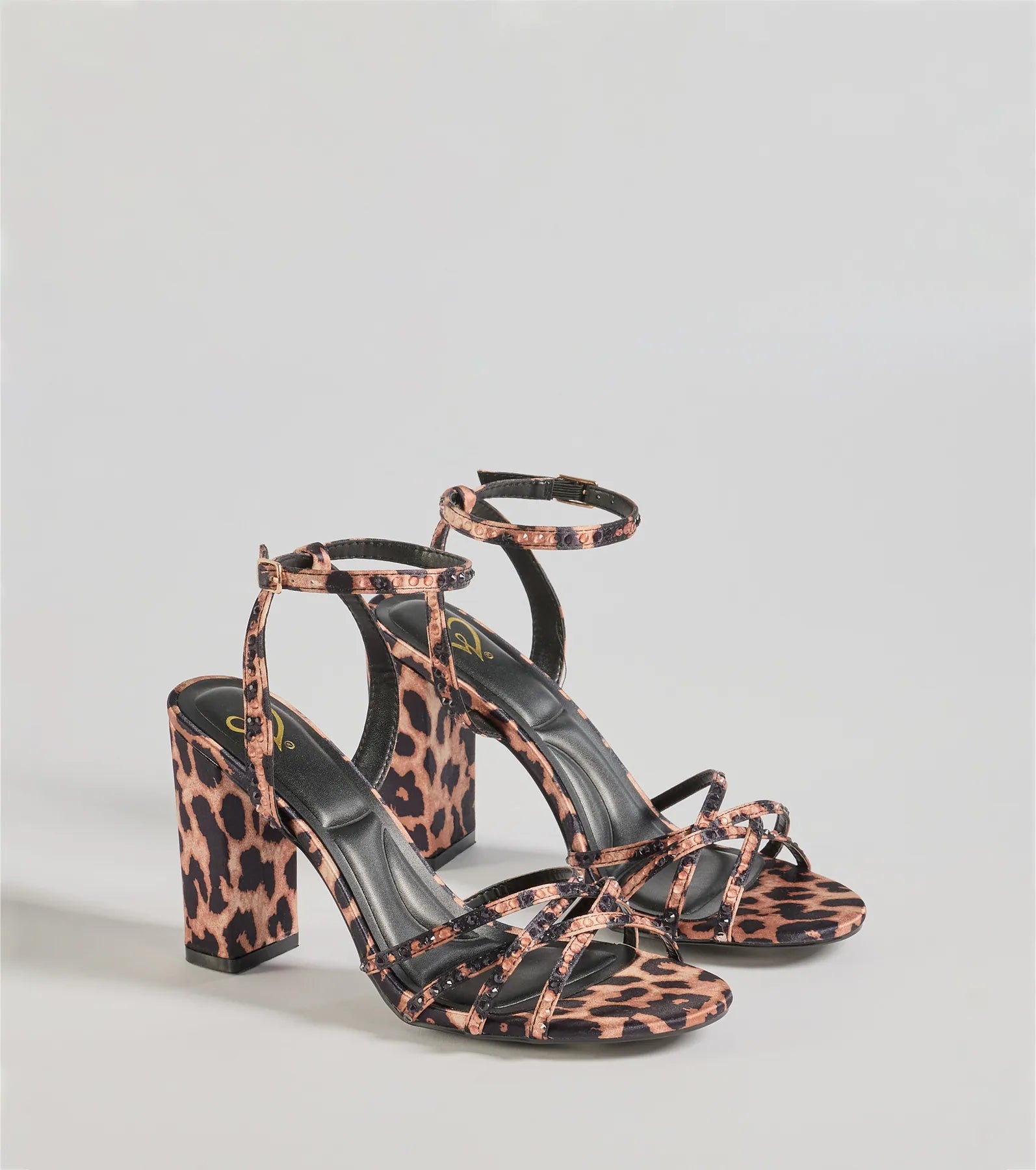 Sassy Rhinestone Strappy Leopard Print Block Heels