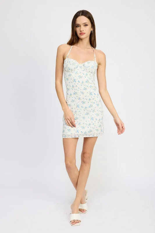 HALTER NECK MINI DRESSW WITH BUST RUCHING DETAIL