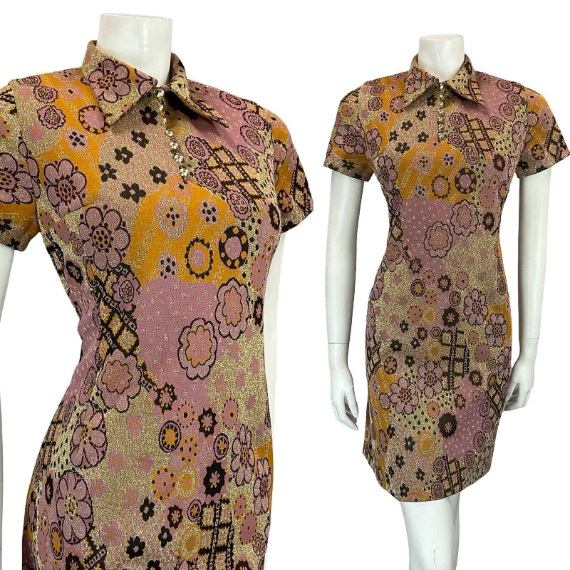 Midnight Sale VTG 60S PINK GOLD BLACK ORANGE FLORAL PSYCHEDELIC WING COLLAR PARTY DRESS 8