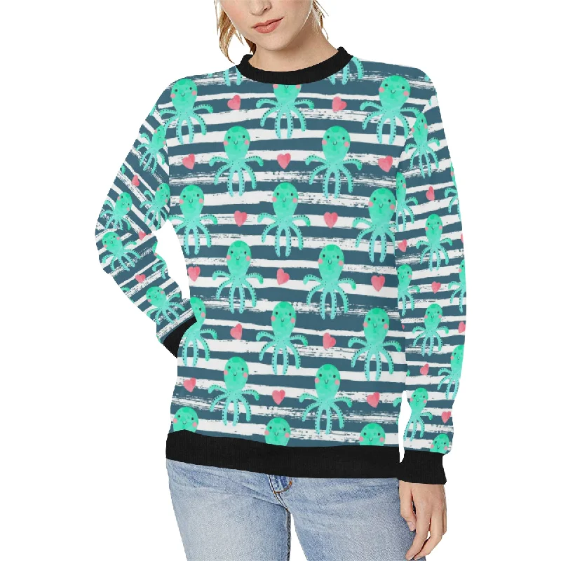 Cute octopuses heart striped background Women's Crew Neck Sweatshirt