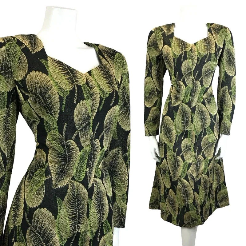 Referral Discount VTG 60S 70S BLACK GREEN GOLD LEAF LUREX SWEETHEART PARTY MIDI DRESS 1214 M